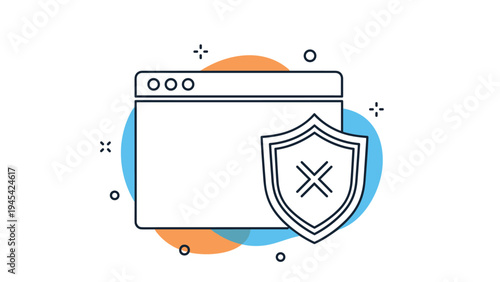 Web browser interface icon protected by a security shield with a cross mark indicating a blocked threat or firewall protection for safe internet browsing.