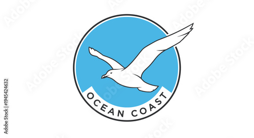Vector illustration of a white flying seagull in a blue circle with "Ocean Coast" text, representing marine life and coastal travel.