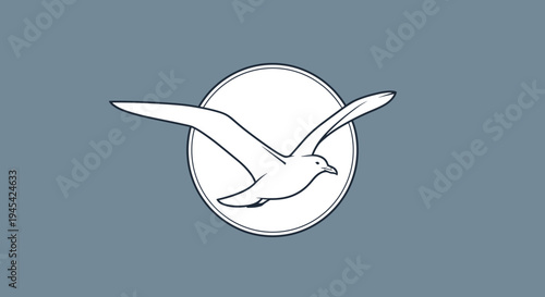 Minimalist flying bird graphic within a circle. Outline illustration on a blue-gray background, symbolizing freedom, travel, and nature.