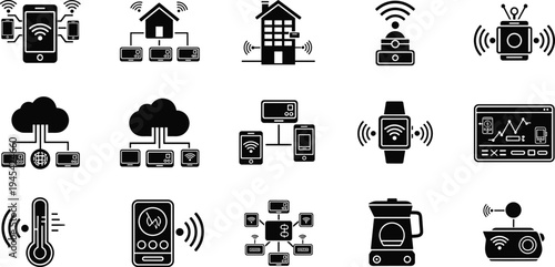 Smart Home and IoT Device Icon Set with Mobile, Cloud, Thermometer, Watch, and Household Appliance Connectivity Symbols