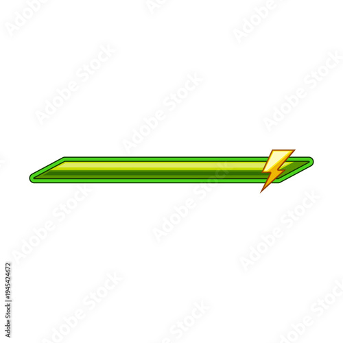 Green energy power bar at full charge with lightning bolt icon, flat vector game ui element for progress, status, health or stamina display in cartoon mobilearcade style