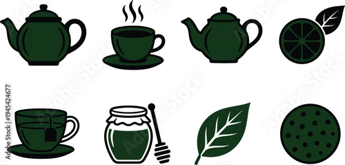 Tea and Herbal Icons Set, Including Teapot, Tea Cup, Honey, Leaf, Lemon, and More for Beverage Illustrations
