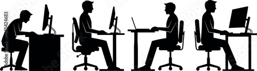 Silhouettes of Men Working at Desks Showing Proper and Improper Posture Variations Including Slouching Standing and Correct Ergonomic Sitting Positions