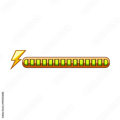 Cartoon style energy bar icon for ui or game design showing full charge with a lightning bolt, representing maximum power, health, stamina, and progress measurement