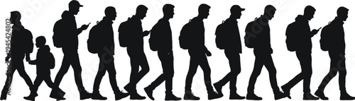 Silhouettes of people walking in a line, urban commuters with backpacks, city pedestrians, vector illustration for design