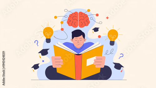Man reading book with brain and graduation cap icons symbolizing education and learning concepts