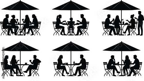 Silhouette Illustrations of People Dining at Outdoor Tables Under Umbrellas for Café and Restaurant Themes