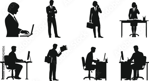 Silhouettes of business people in various office and work-related actions and poses, vector illustration on white background, professional workers