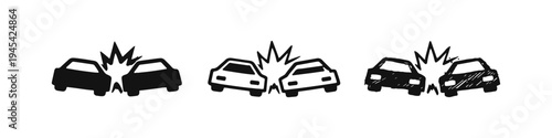 Car Accident or Crash Icon Set. Vehicle Collision Symbol Vector Illustration for Road Incidents and Damage.