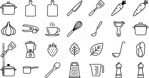 Set of Kitchen Tools and Ingredients Icons, including Pans, Utensils, Vegetables, Fruits, and Appliances for Cooking, Recipes, and Food Illustrations