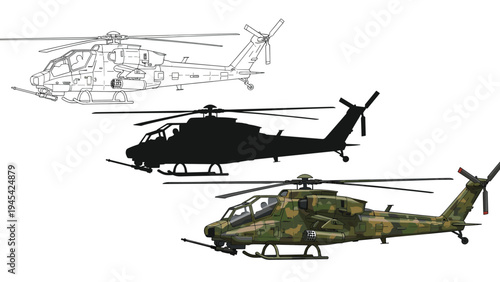 Set of military attack helicopters shown in three different styles including a simple outline, a solid silhouette, and a realistic camouflage pattern.