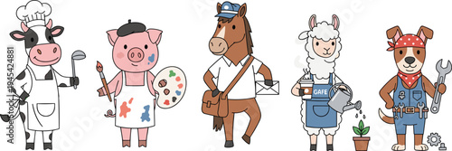 Animal Characters in Occupations, Including Chef, Artist, Policeman, Gardener, and Mechanic for Kids' Illustrations