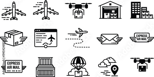 Express Air Delivery and Shipping Icon Set with Airplanes, Drones, Packages, Warehouses, and Global Logistics Symbols