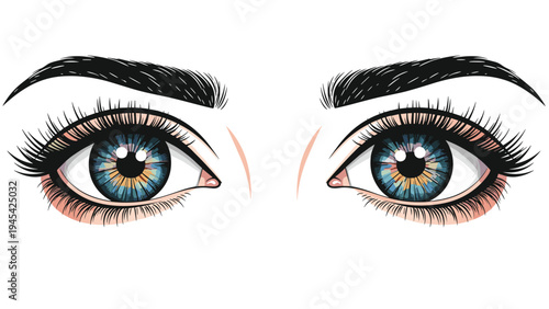 Beautifully detailed female eyes with blue and gold iris patterns and long eyelashes for beauty, cosmetics, vision, and makeup artistry inspirations.