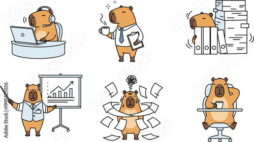 Bear Characters in Office Situations, Including Desk Work, Presentations, Paperwork, and Stressful Moments for Business Illustrations