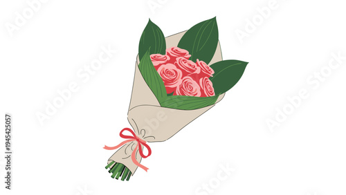 Beautiful bouquet of pink roses wrapped in brown paper and tied with a red ribbon for romantic gestures, Mother's Day, or special gift celebrations.