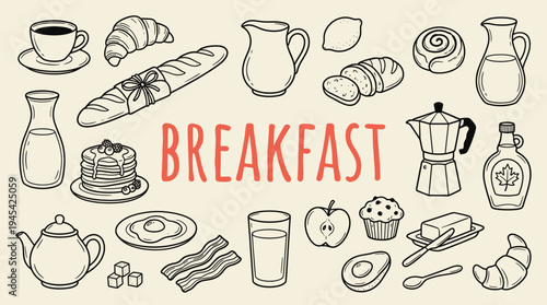 A vibrant and inviting breakfast spread featuring an assortment of delicious food and drink items, including pastries, fruits, and beverages, beautifully illustrated in a colorful and appetizing way.