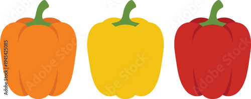 Three Bell Peppers Set Vector | Orange Yellow Red Peppers Illustration