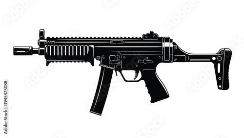 Black silhouette of a modern submachine gun with a foldable stock and magazine for military gear, law enforcement equipment, and weaponry themes.