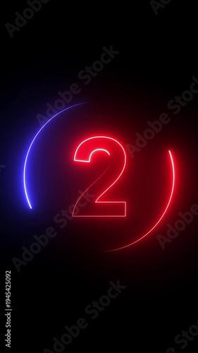 Glowing neon red and purple number 2 with circular light trails on black background. Neon glowing 2 number text sign animation. Radiant glowing circle with number 2 Modern neon style Vertical video.