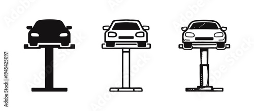 Car on Hydraulic Lift Icon Set for Auto Service and Vehicle Repair Shop