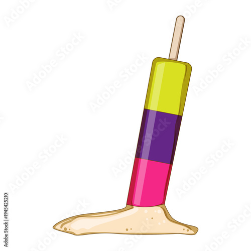 Colorful layered ice pop melting and falling to the ground, creating a puddle of cold dessert, representing summer heat, warm weather, and moments of sweet disappointment