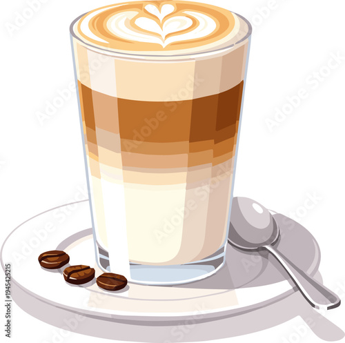 Create a realistic latte macchiato in clear glass with latte art, breakfast or brunch beverage vector art with white background.