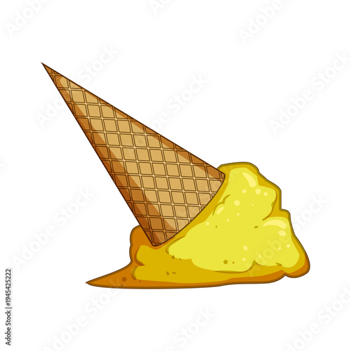 Fallen yellow ice cream cone melting into a sweet puddle on white background, playful summer mishap suggesting disappointment, warmth, and sticky summer fun