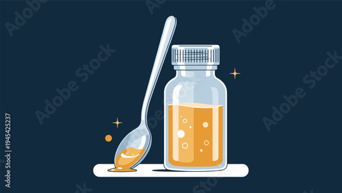 Liquid medicine bottle with a measuring spoon and syrup droplets for pharmaceutical healthcare, pediatric treatment, and cold or cough relief concepts.