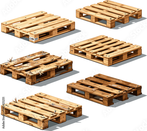 Create a realistic kinds of deferent wooden pallets vector art with white background..