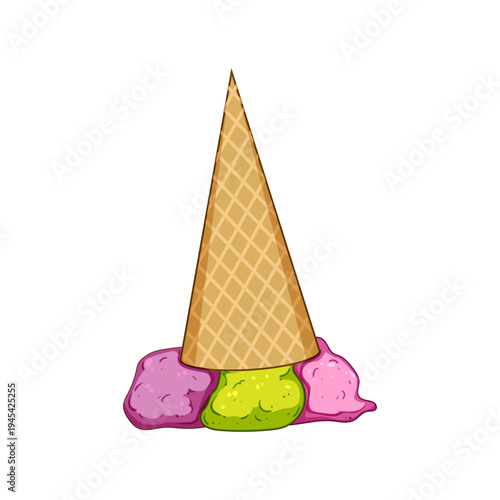 Vibrant cartoon ice cream cone lying on its side, spilling delicious scoops of colorful frozen dessert onto a clean white background, depicting a common summer mishap