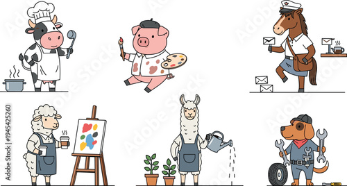 Funny Animal Characters in Various Occupations, Including Chef, Artist, Gardener, Mechanic, and More for Kids' Illustrations