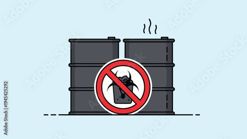 Two industrial barrels of toxic waste with a biohazard symbol inside a red forbidden sign for environmental safety and pollution prevention themes.