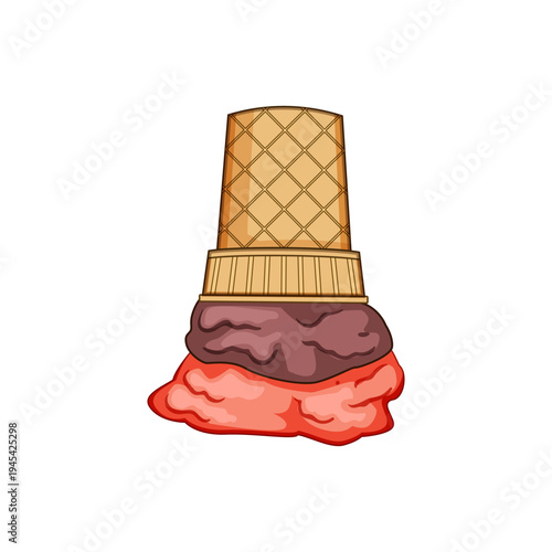 Ice cream cone fallen upside down on the ground, with two scoops of chocolate and strawberry melting into a sweet puddle, depicting an accidental mess