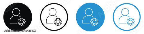 User profile and gear settings icon set. Minimalist design showing a person silhouette with a cogwheel in four style variations. Ideal for account management and system preference UI.