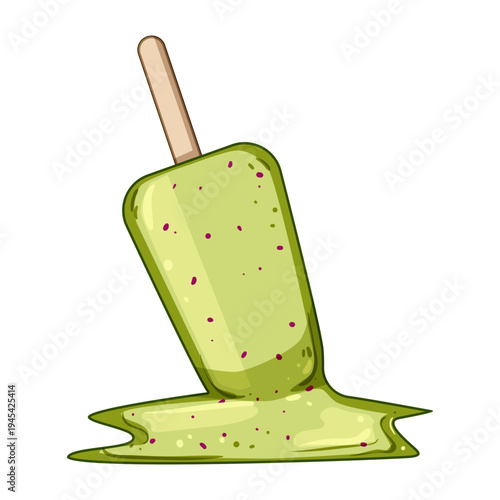 Green ice pop with red specks slowly melting and dripping off its stick, creating a sweet, sticky puddle representing summer heat and a quickly disappearing treat