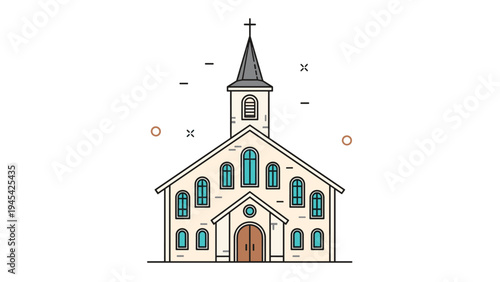 Traditional church building with a high steeple and cross stands symmetrically designed in a clean line art illustration style.
