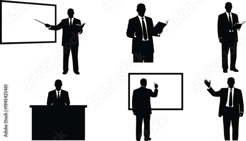 Silhouettes of diverse business professionals and teachers in various poses, including presenting, pointing to a whiteboard, and at a desk, for corporate design