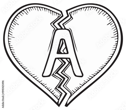 Heart outline with broken symbol and letter A inside