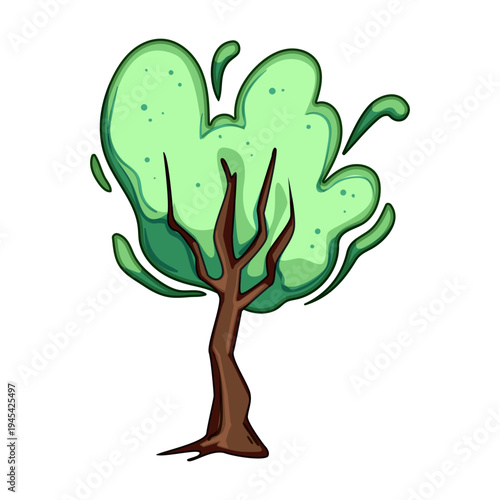 Fantasy magic tree illustration showing vibrant green foliage with swirling energy and a brown, gnarled trunk, symbolizing nature, growth, and enchantment