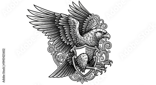 Detailed vintage heraldic eagle illustration with spread wings, intricate crest, and decorative elements in monochrome.