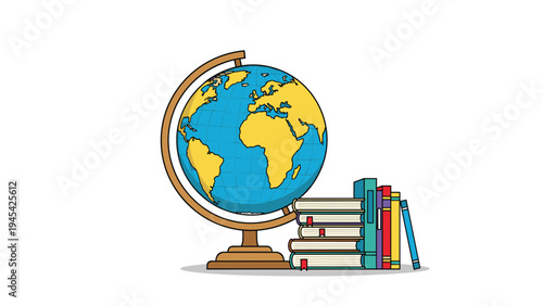 Terrestrial globe on a wooden stand sits next to a neat stack of colorful hardcover books on a white horizontal surface.