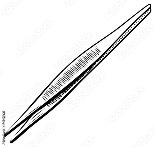 Detailed ink drawing of sharp metal tweezers showing grip points and streamlined body perfect for medical surgical illustration