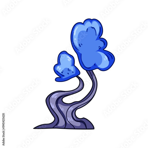 Fantasy magic tree illustration featuring a wondrous, whimsical organic shape with blue foliage and a curving trunk, creating a dreamy and playful natural element
