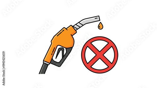 Orange fuel pump nozzle drips a single drop of gasoline next to a large red circular prohibited sign with a cross through it.