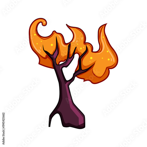 Stylized fantasy tree with dark trunk and branches featuring wavy, glowing orange foliage and bright yellow speckles, symbolizing enchantment and whimsical nature