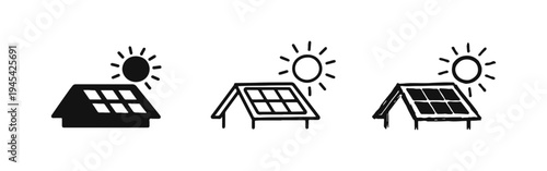 House with Solar Panels and Sun Icon Set for Renewable Energy and Green Home