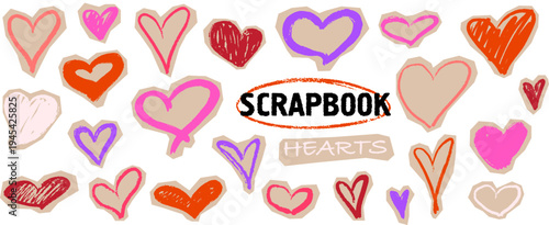 Craft scrapbook hearts doodle elements. Hand drawn crayon scribble collage stickers set. Cut out funky colorful hearts. Vector torn craft paper shapes for design notebooks, diaries, journaling