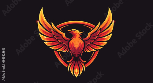 Majestic fiery phoenix bird emblem illustration, mythical creature symbol of rebirth, power, and strength with spread wings