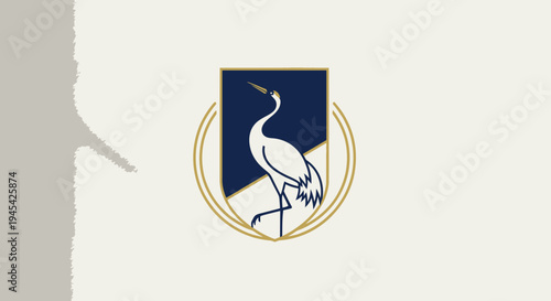 Elegant minimalist graphic design featuring a graceful white crane bird inside a sophisticated blue and gold shield emblem